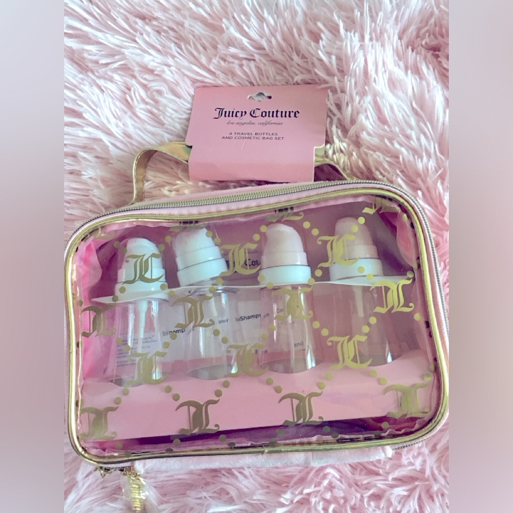 New Juicy Couture Pink Cosmetic Velvet Bag with 4 Travel Beauty Empty Bottles
